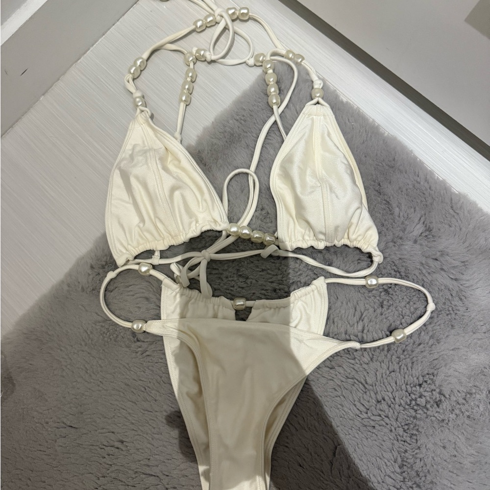 Cult Gaia White Pearl-Embellished Bikini